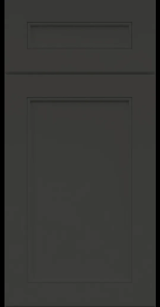 Alpine-style mitered shaker cabinet in Midnight Sun with a flat center panel and inside bead detail.